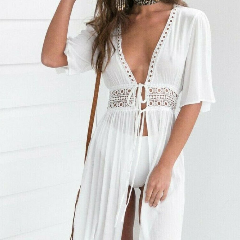 bohowhite crochet/lace detailed tie front kimono coverup - Picture 4 of 14
